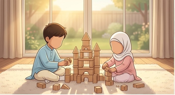 Usman and Eshaal building a block castle